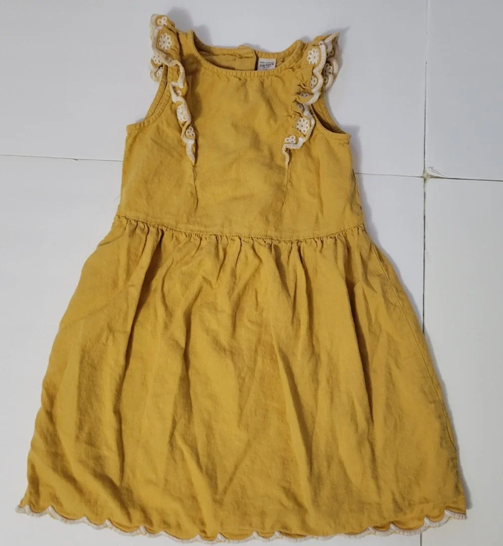 Carter's Girls 6/6X Mustard Yellow Linen Blend Ruffle Sundress Scallop Hem